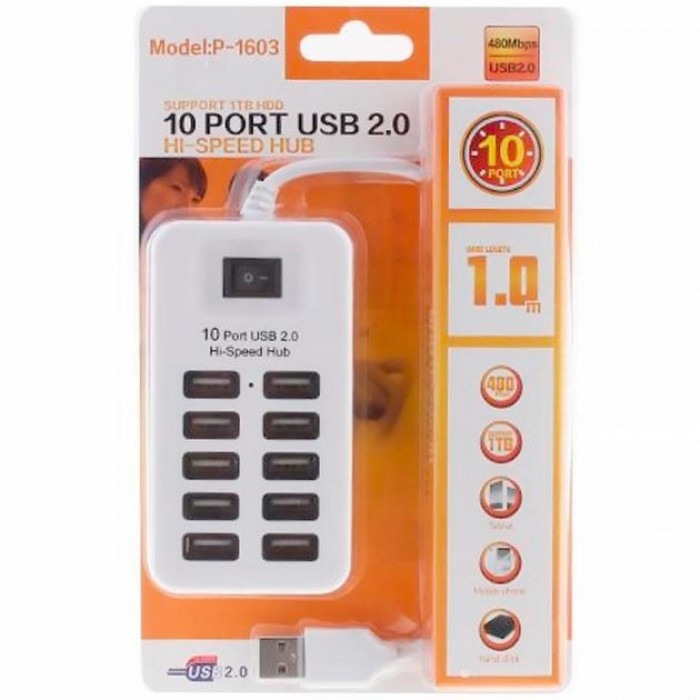 USB Хаб на 10 портов USB 2.0 HUB P-1603 Белый - фото 6 - id-p1671143463