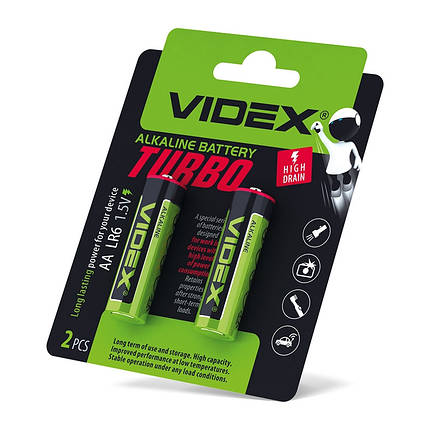 Батарейки лужні Videx LR06/АА Turbo BLISTER блістер 2шт. LR6T/AA 2B, фото 2