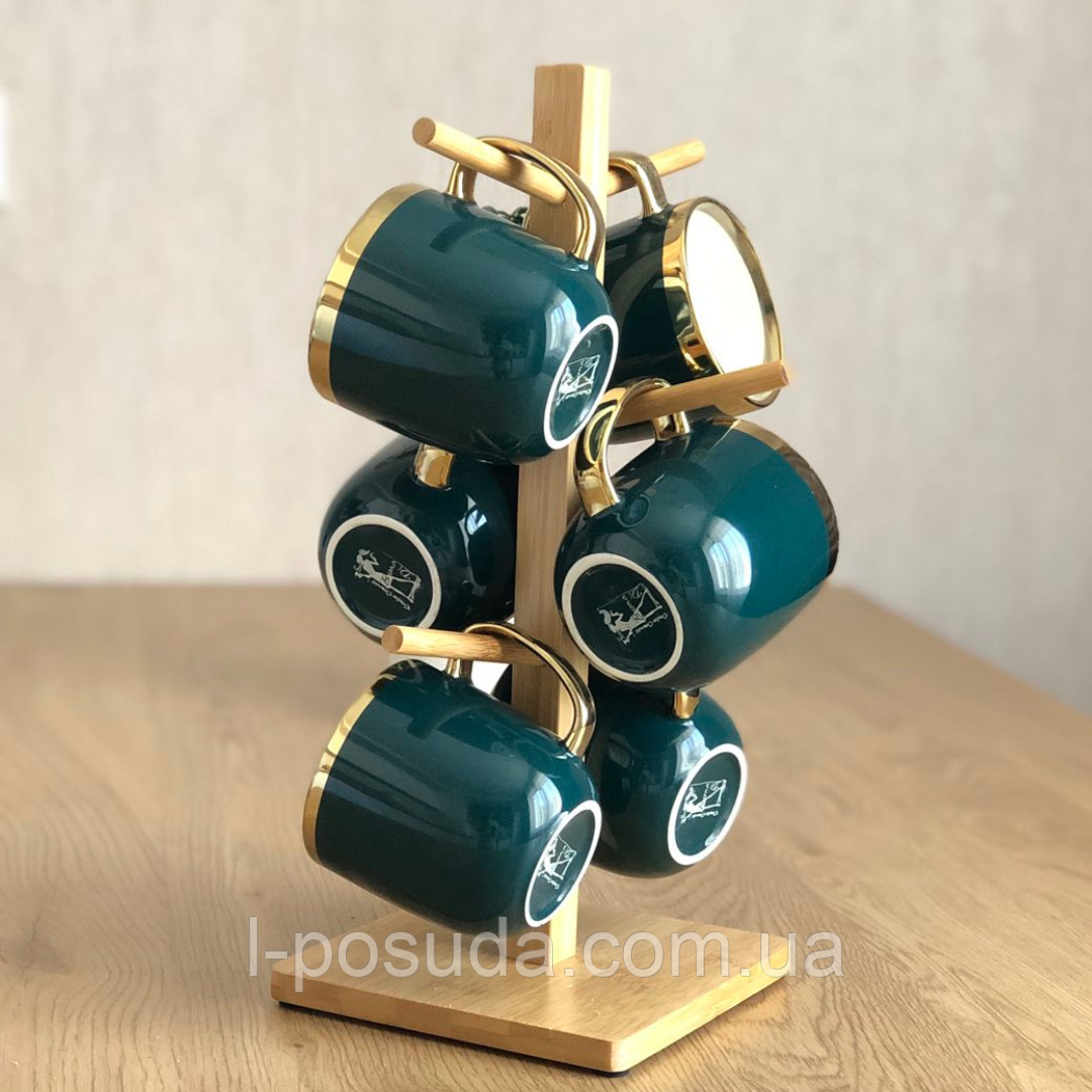 Набір 6 шт фарфорових кухлів 320 мл для чаю та кави на бамбуковій стійці, фото 1