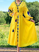 Жовта сукня вишиванка із синіми квітами "Пані троянда"