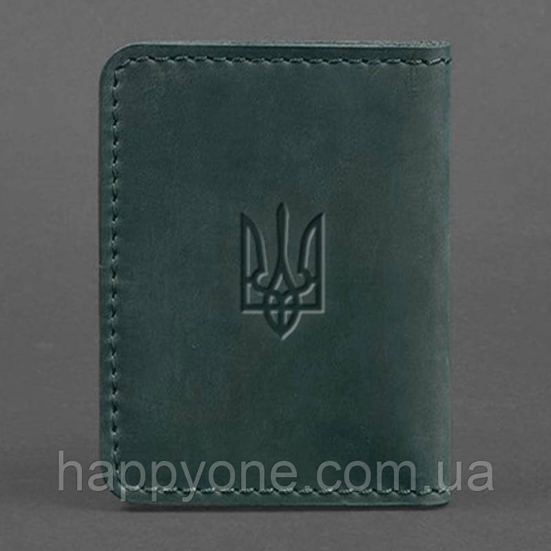 Шкіряна обкладинка для прав або id-паспорта 4.1 з гербом України (зелена) шкіра Crazy Horse