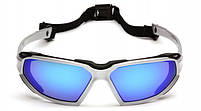 Окуляри захисні з ущільнювачем Pyramex Highlander Silver (ice blue mirror) Anti-Fog, дзеркальні сині в сріблястій оправі, фото 3