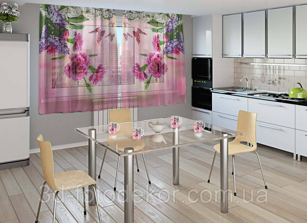 3D - Фото Тюль "Гвоздики, бузок та метелики", висота - 1,66м, ширина - 3,0м (2 полотна 1,50м), тасьма