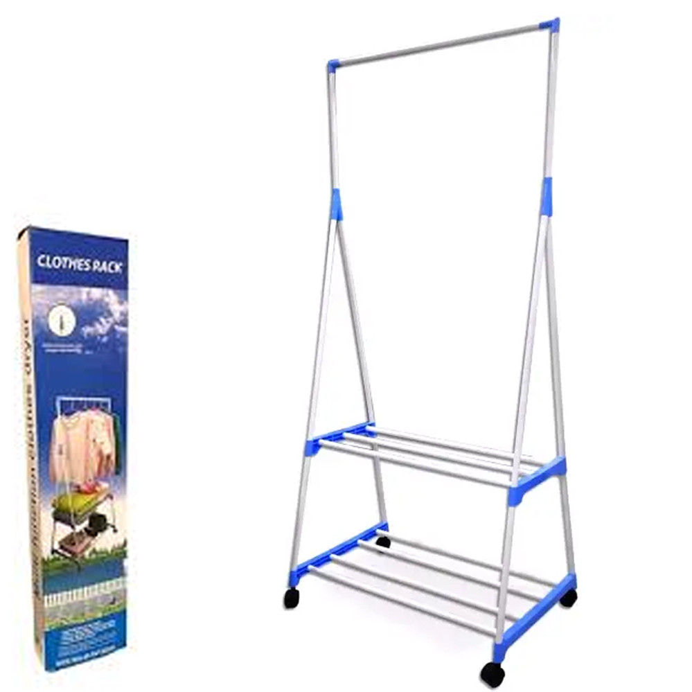 Стійка Вішалка для одягу та взуття Пересувна двоярусна Clothes Rack Підлогова з полицями на коліщатках