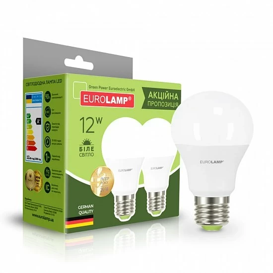 Мультипак "1+1" LED лампа Eurolamp A60 12W E27 3000K MLP-LED-A60-12272(E)