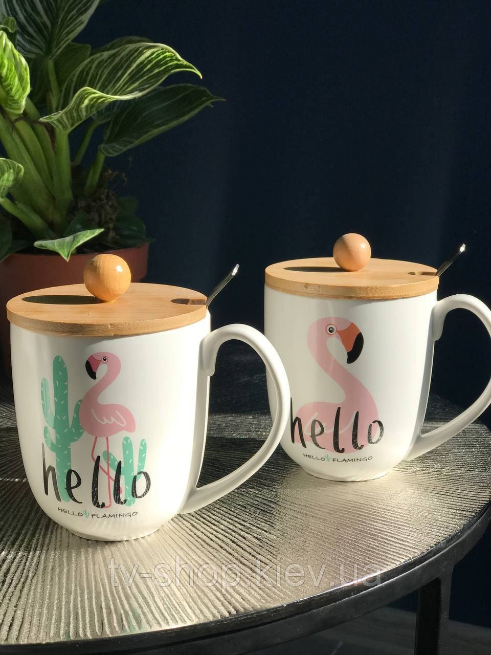 Кухоль із кришкою та ложкою бамбук "Hello Flamingo", 350 мл