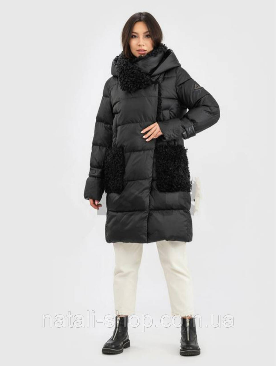 Clasna зима, жіноча зимова куртка пуховик з штучним хутром каракуля, XL