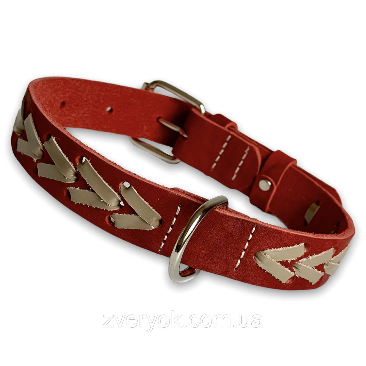 Нашийник шкіряний для собак Canem прикрашений плетінням обхват шиї 38 - 50 см, Червоний, ширина 25 мм