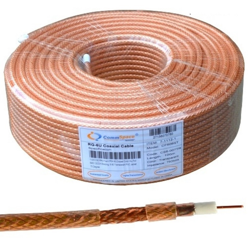 Кабель RG-6 64ж. CommSpace CF606ST прозорий, 100 м 64ж. Жила й обплетення обміднене.