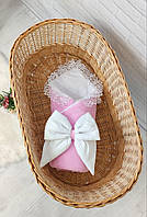 Универсальный конверт плед на выписку, одеяло в коляску, велюр с кружевом, размер 80-80 см, розовый