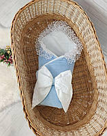 Универсальный конверт плед на выписку, одеяло в коляску, велюр с кружевом, размер 80-80 см, голубой