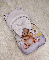 Теплый конверт - спальник для новорожденных, принт "Медвежонок", белый с бежевым