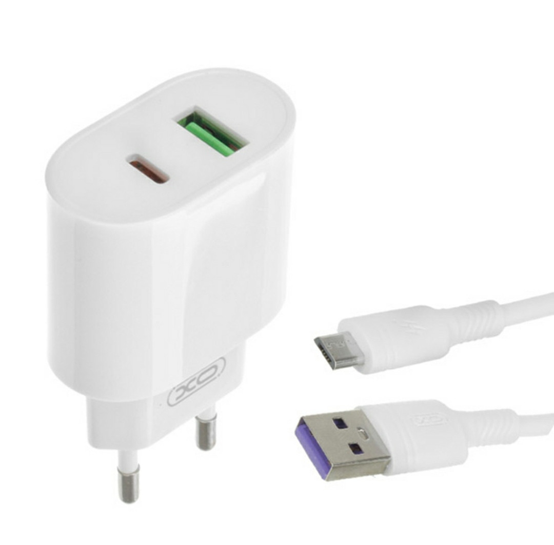 Блок живлення XO-L81A  з кабелем Micro USB  Швидка зарядка Quick Charge 3.0 USB 18W + Type C (PD 20W) Білий
