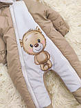 Теплий комбінезон для новонароджених діток 56-62 розмір, бежевий, принт Ведмедик малюк, фото 3