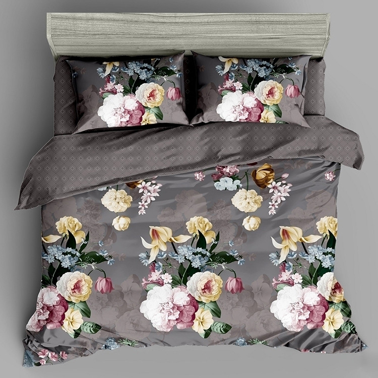 Тканина для постільної білизни Сатин S-199A (60м) квіти на сірому