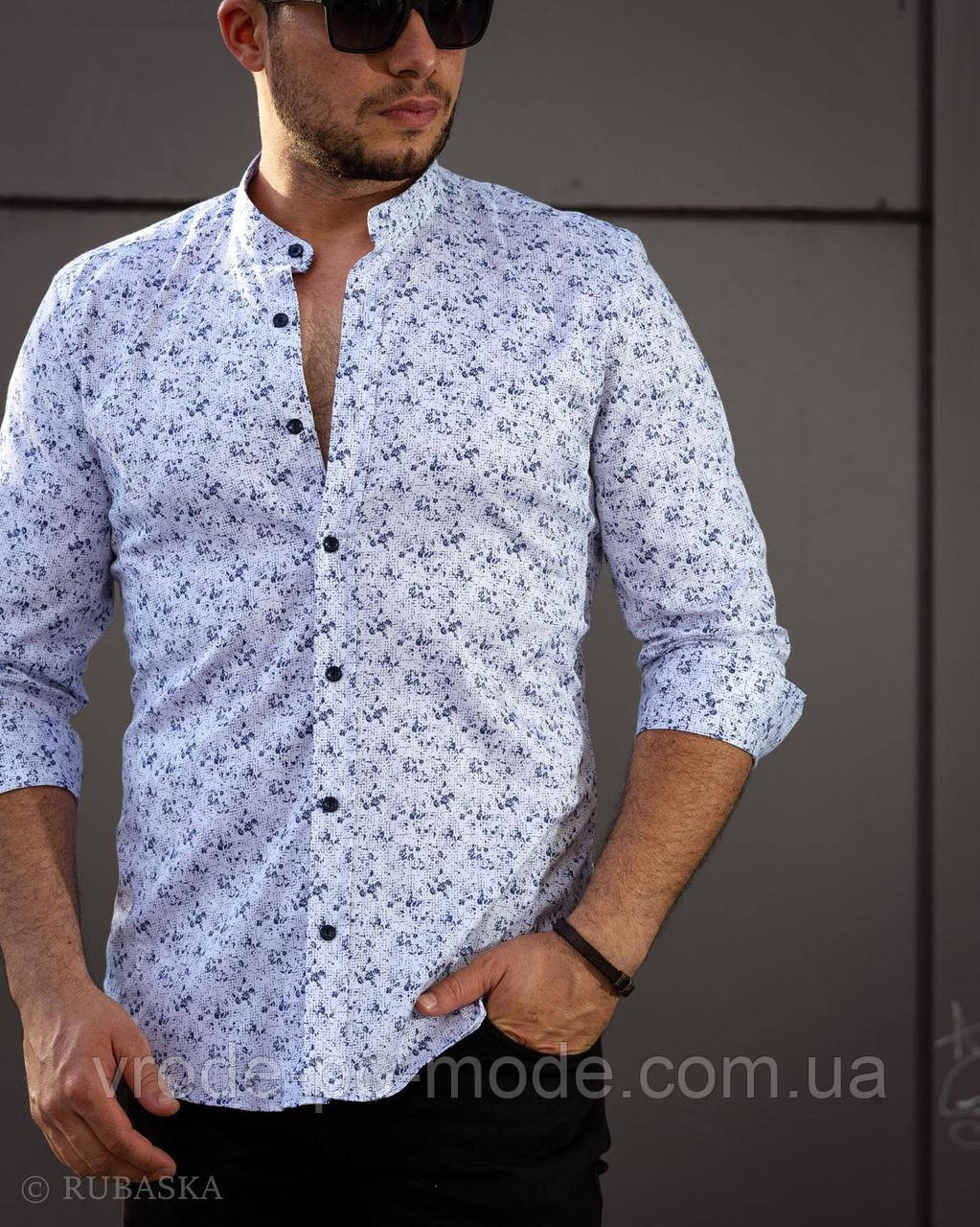 Бавовняна чоловіча біла сорочка з принтом, приталена, з довгим рукавом, комір стійка, Туреччина, асортиментт