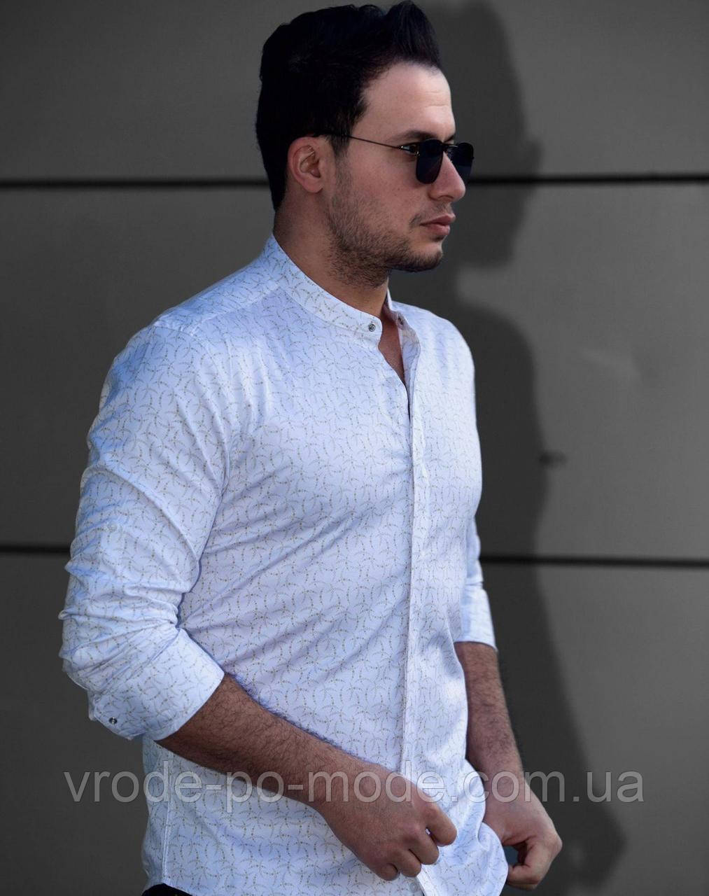 Бавовняна чоловіча біла сорочка з принтом, приталена, з довгим рукавом, комір стійка, Туреччина, асортимент