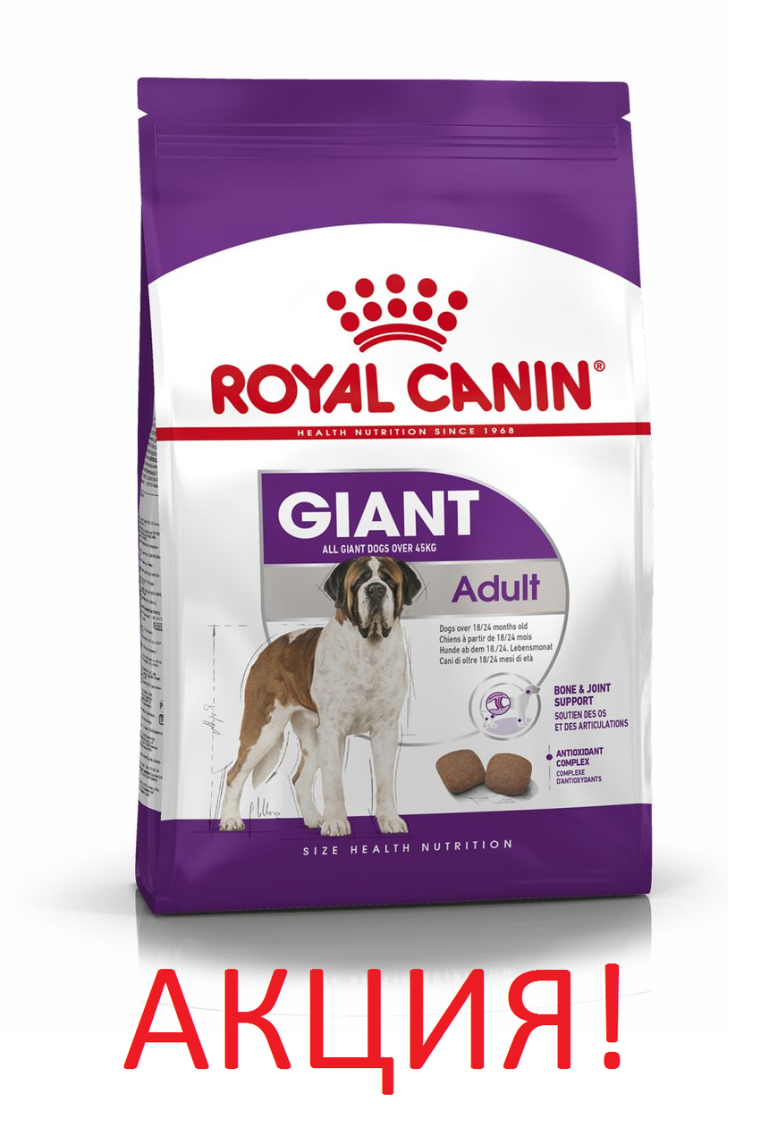 АКЦІЯ! Сухий корм Royal Canin Giant Adult (Роял Канін Джаїнт) для дорослих собак великих порід, 12КГ + 3КГ у подарунок!