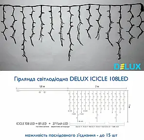Led гірлянда DELUX Icicle 108шт 2х1м білий теплий 90012947, фото 2