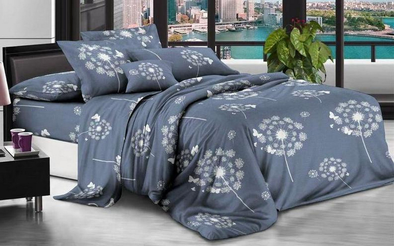 Євро комплект постільної білизни з поліестеру, принт: Кульбабки сірі