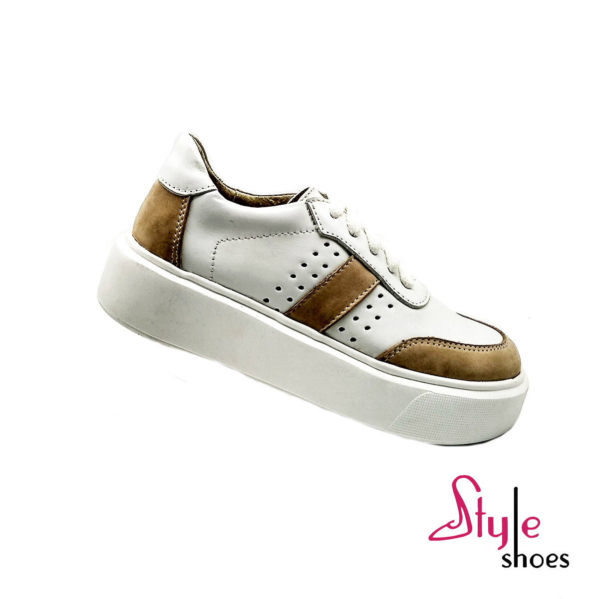 Білі жіночі шкіряні кеди з бежевими вставками із нубука “Style Shoes”