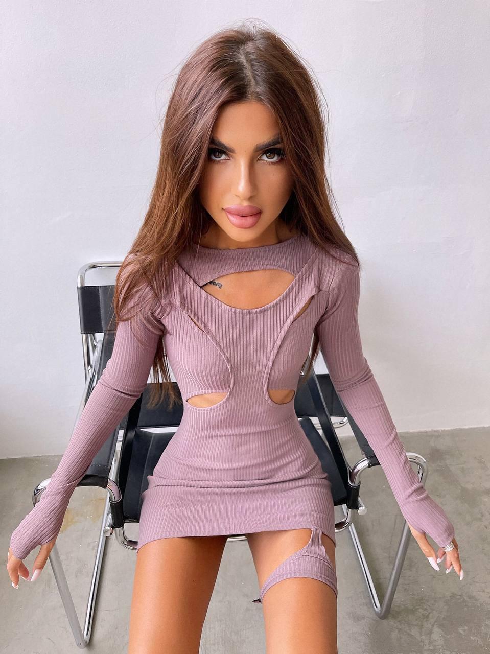 Облягаюча міні сукня в рубчик з імітацією двійки і рукавами мітенками (р. 42, 44) 66PL4270Е, фото 1