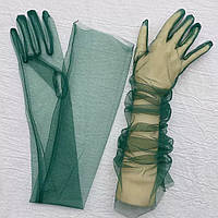 Фатиновые перчатки, длинные женские праздничные перчатки. ЗЕЛЕНЫЙ цвет. Размер универсальный.