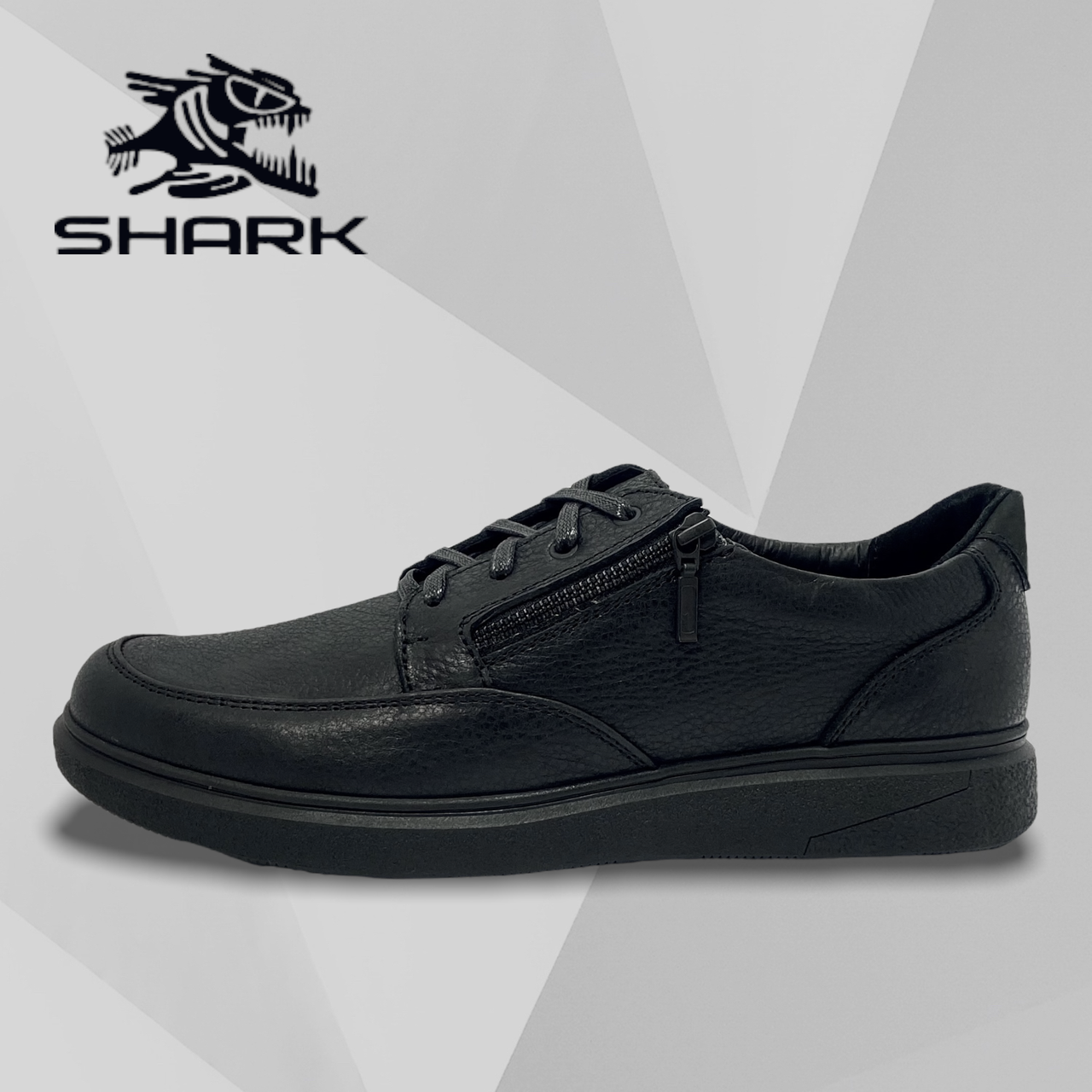 Мужские кроссовки Shark черные кожаные на шнуровке осень/весна деми - фото 1 - id-p1670365571