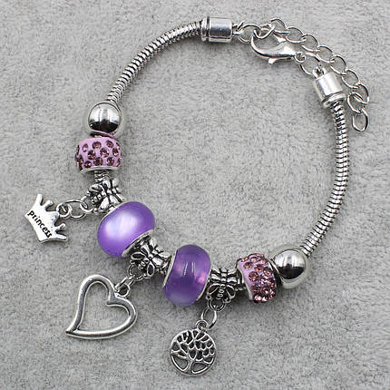 Pandora браслет серебристого цвета сердце с фиолетовыми шармами 9 штук длина браслета 22 см ширина 3 мм, фото 2