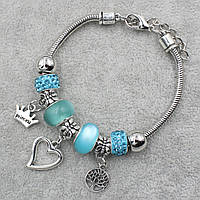 Pandora браслет серебристого цвета сердце с бирюзовыми шармами 9 штук длина браслета 22 см ширина 3 мм
