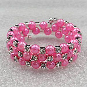 Браслет детский многорядный серебристого цвета с кристаллами ширина 15 мм 3 ряда камней и бусин розового цвета