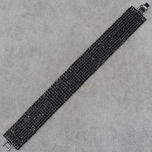 Браслет женский многорядный мягкий черный с кристаллами длинна 20 см ширина 22 мм 10 рядов камней