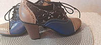 Стильные кожаные синие женские туфли, Туфли кожаные синие со шнурками, нарядные осенние туфли на каблуке