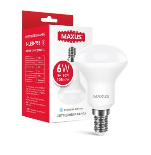 Лампа світлодіодна MAXUS 1-LED-756 R50 6 W 4100 K 220 V E14