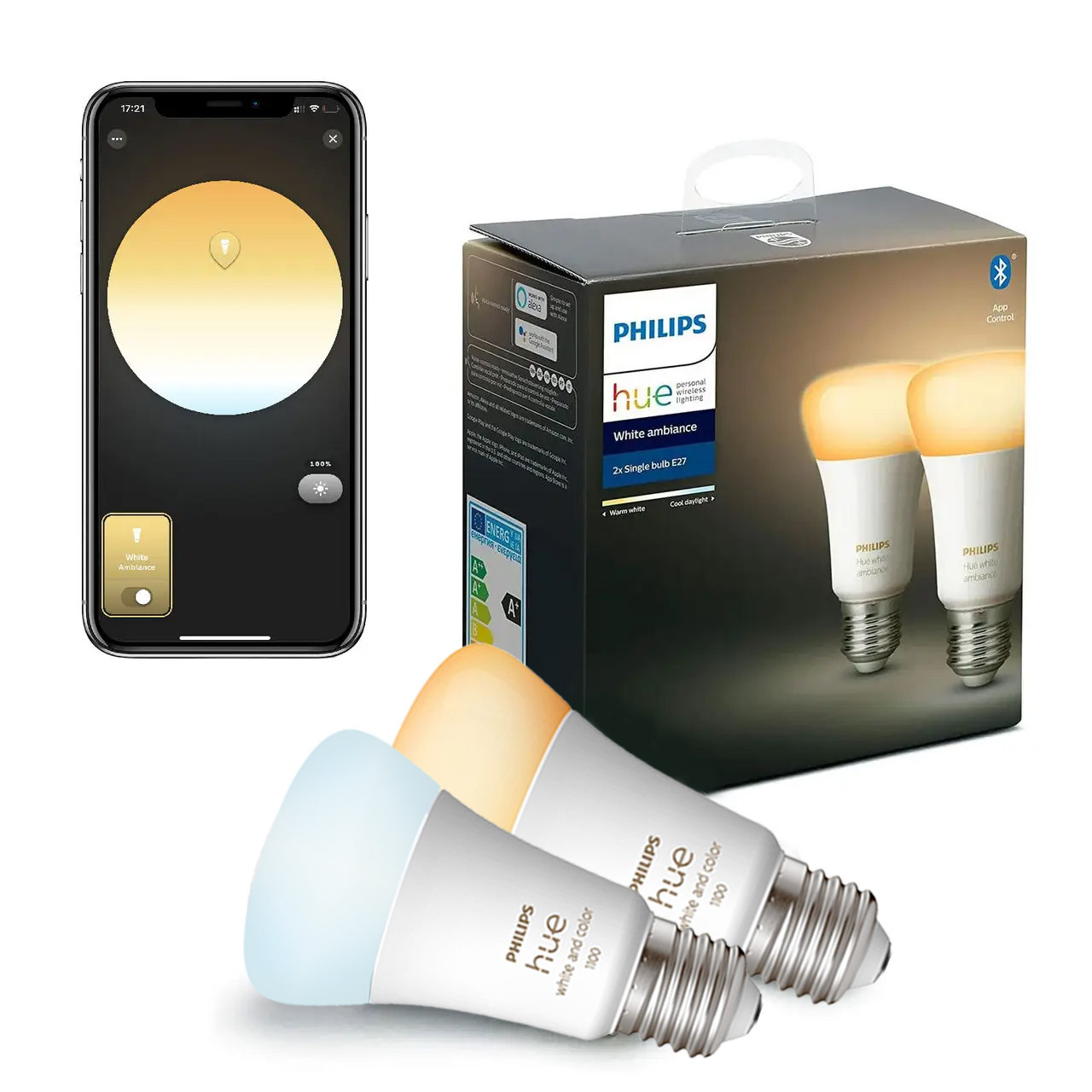 Розумні LED лампочки Philips Hue E27 White Ambiance 800лм 60Вт 8.5W, ZigBee, Bluetooth, Apple HomeKit, 2шт.