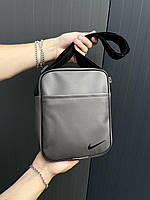 Барсетка кожаная Nike серая, мужская сумка найк, через плечо