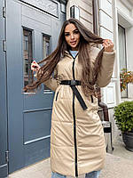 Куртка довга зимова жіоча з матової екошкіри з поясом і капюшоном (р. S-XL) 65kr571