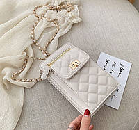 Женская мини сумочка клатч с цепочкой стеганная Молочный