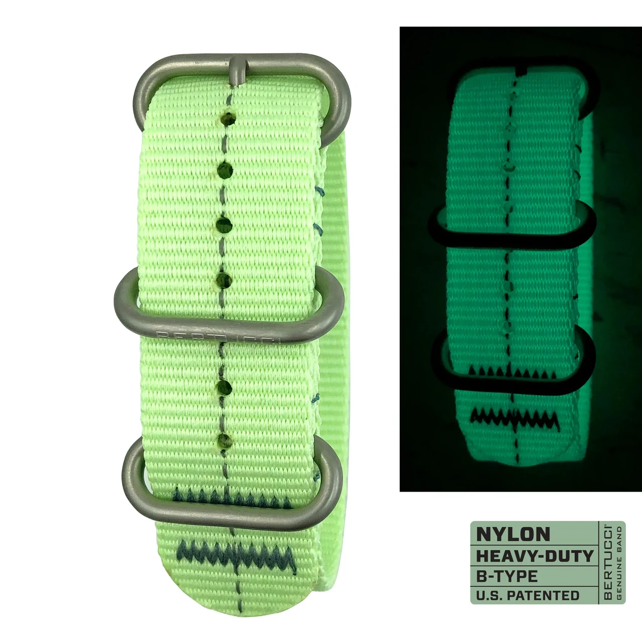 Ремінець нейлоновий світиться bertucci #357 — Glow / Vintage Drab™ Dash Line™ с матовой фурнитурой, 7/8 дюйма — размер 22 мм для к, фото 1