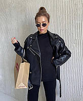Куртка косуха жіноча з еко шкіри подовжена оверсайз чорна S M L XL