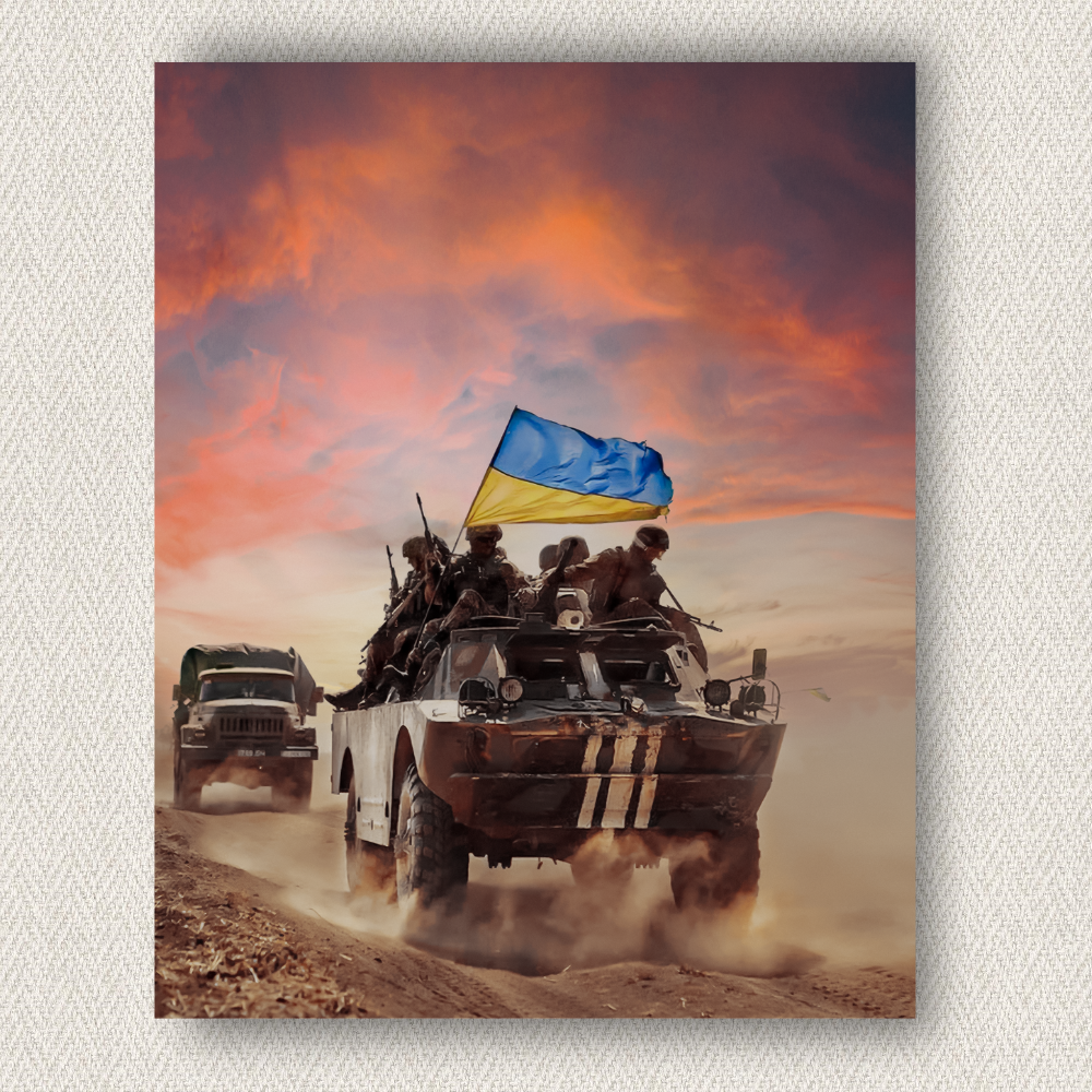 Інтер'єрна картина-постер на стіну Воїни ЗСУ на БМП 30*20 Орігамі OP 5042 Маленька