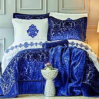 Набір постільна білизна з покривалом + плед Karaca Home — Volante lacivert синій (10 предметів)