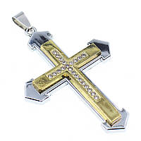 Крестик с камнями двухцветный золотой и серебро из нержавеющей стали Stainless Steel размер 60 х 40 мм