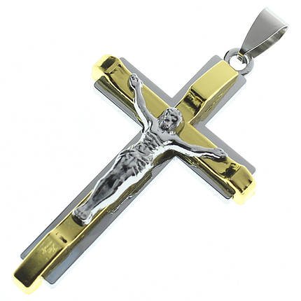 Хрестик сріблястий із золотом із медичної неіржавкої сталі 316L від Stainless Steel розмір 50 х 30 мм, фото 1