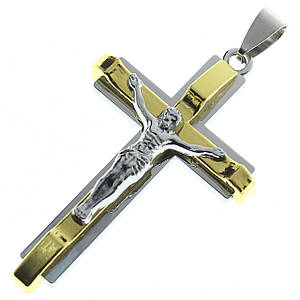 Хрестик сріблястий із золотом із медичної неіржавкої сталі 316L від Stainless Steel розмір 50 х 30 мм
