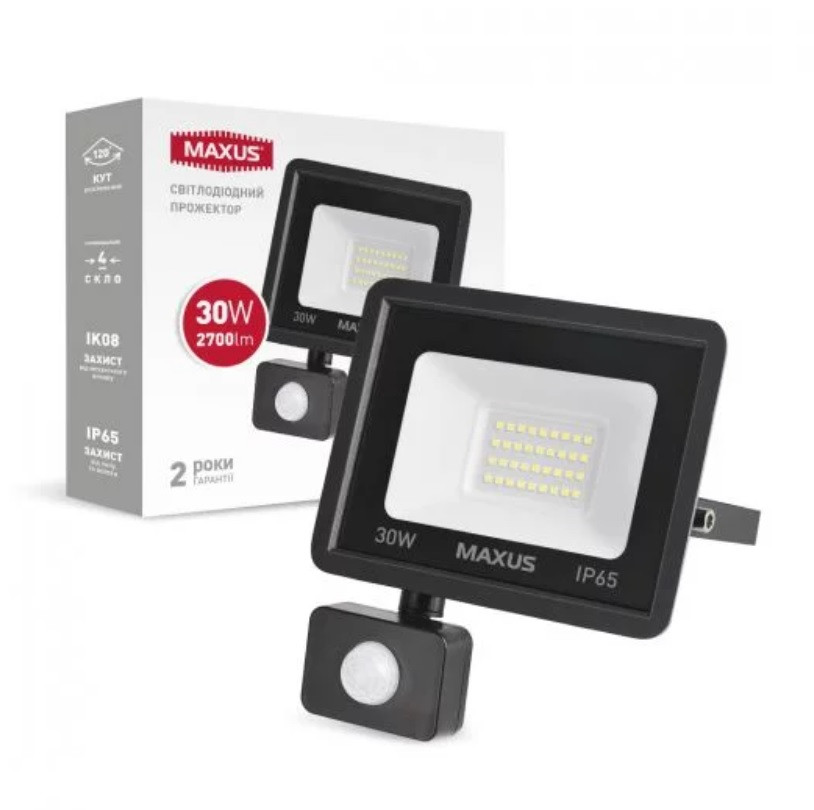 Прожектор світлодіодний MAXUS FL-04 30W, SENSOR, 5000K, з датчиком руху