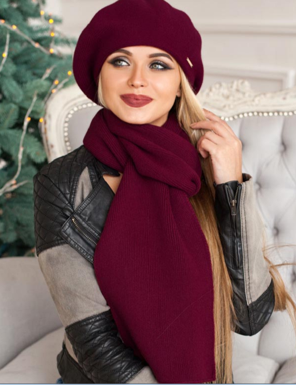 Берет і шарф набір жіночий в'язаний Віва бордовий 354W, фото 1