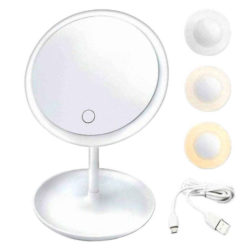 Дзеркало для макіяжу кругле з 3 режимами LED-підсвітки на акумуляторі 1200 мА·год біле (GS-65743), фото 1