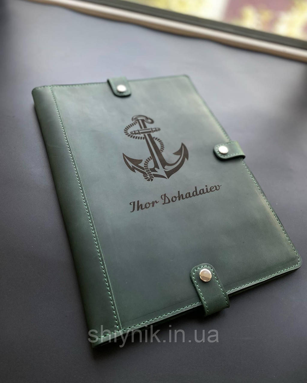 Кожана тека для морських документів (папка для документів моряка) зелена