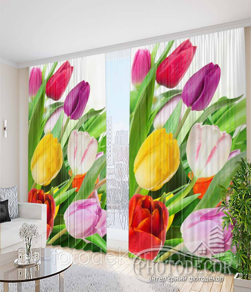 Фото Штори "Букети яскравих тюльпанів" висота - 2,95 м, ширина - 2,0 м (2 полотна по 1,0 м), тасьма